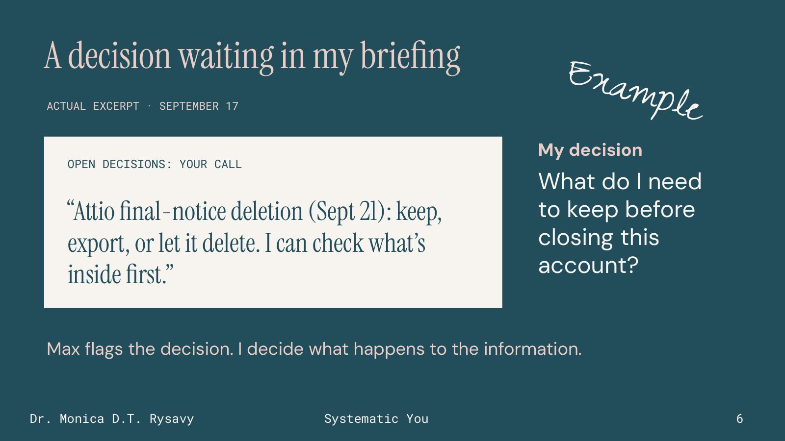 Slide 6: A decision waiting in my briefing