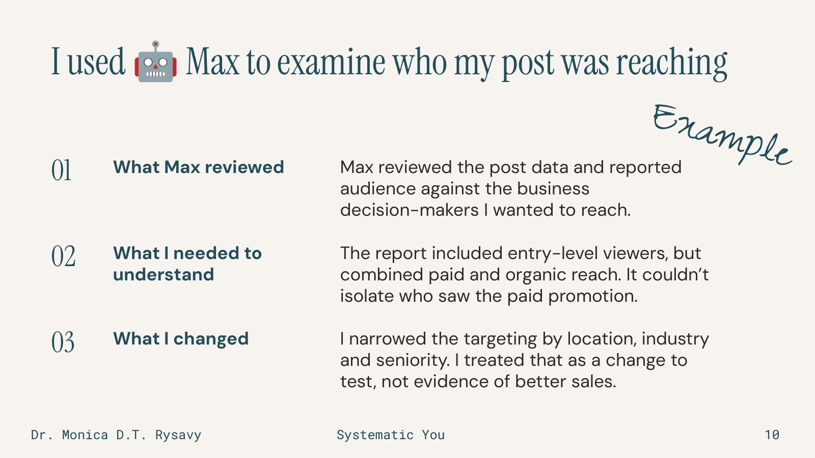 Slide 10: I used Max to examine who my post was reaching