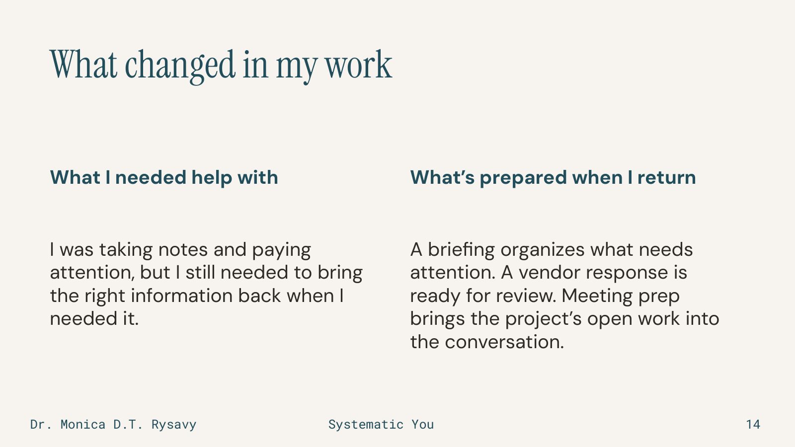 Slide 14: What changed in my work
